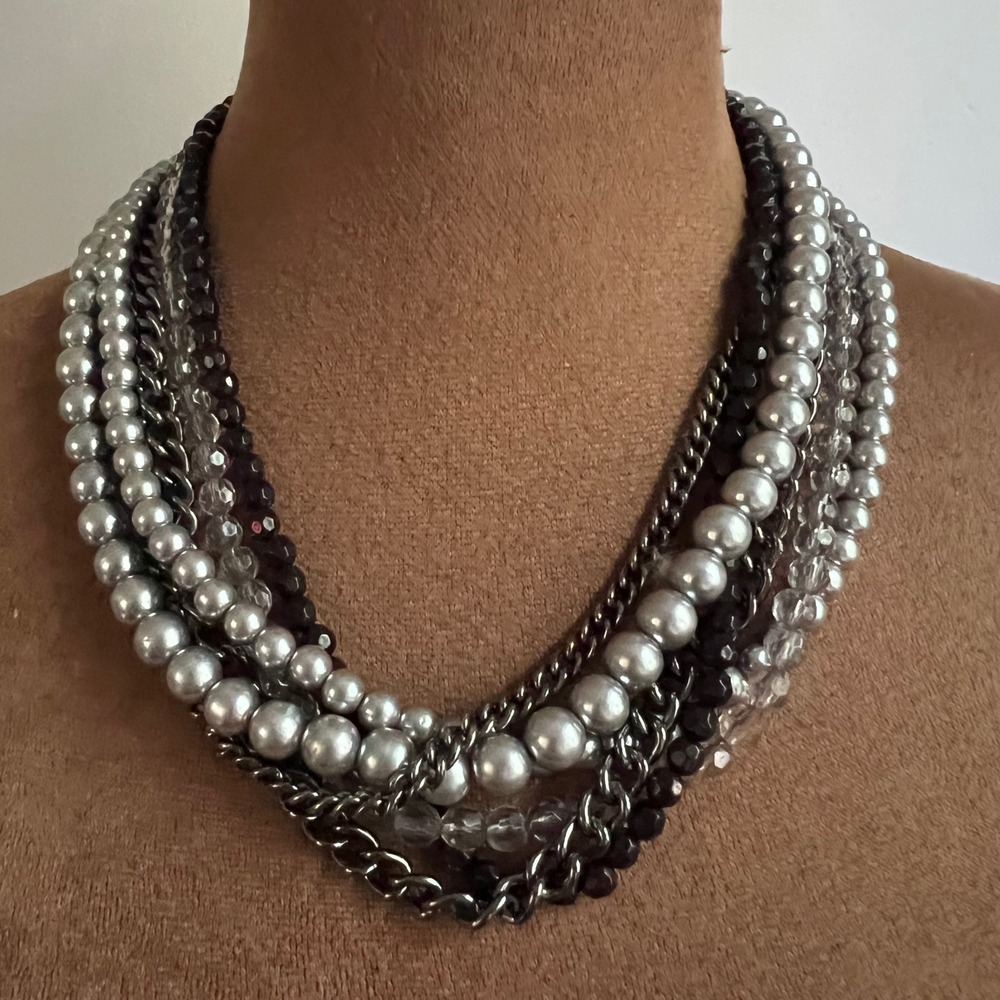 Premiere Designs Multi Strand Faux Pearl Glass Bead Gunmetal Necklace 18-22in